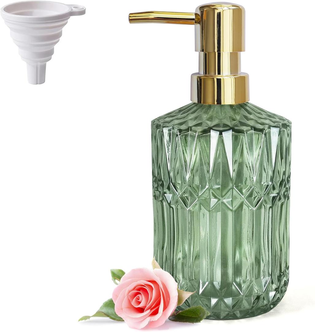 Green Glass Soap Dispenser with Gold Rust Proof Pump, Refillable Clear Glass Kitchen Soap Dispenser, Lotion Dispenser Bathroom for Hands Soap, Dish Soap, Body Wash (Green)