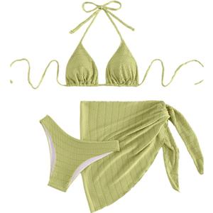 SHENHE Women's 3 Piece Textured High Cut Halter Triangle Bikini Swimsuit with Cover Up