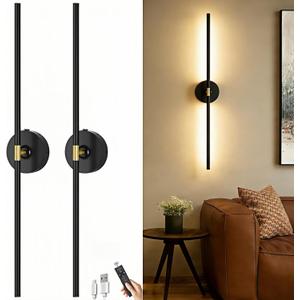 Battery Operated Wall Sconce Set of 2: 10000mAh Wireless Sconces Rechargeable Wall Lights with Touch and Remote, 360 Rotate Cordless Wall Lamp for Bedroom Living Room Hallway, 31.5 Inch, Black