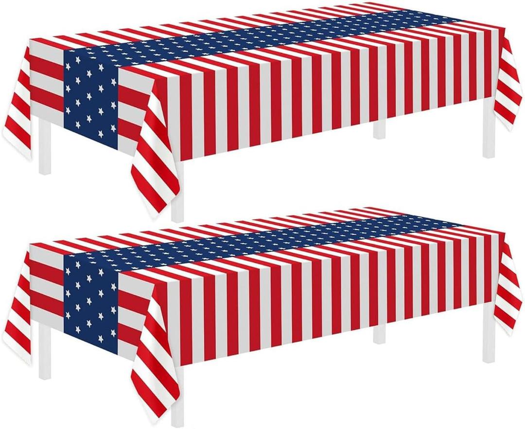 2 x 4th of July Tablecloth, 2 Pack American Flag Patriotic Theme Decorations, Disposable Plastic Tablecloths, 4th 0f July Table Decor for Independence Day and Memorial Day Decorations, 54 x 108 Inch