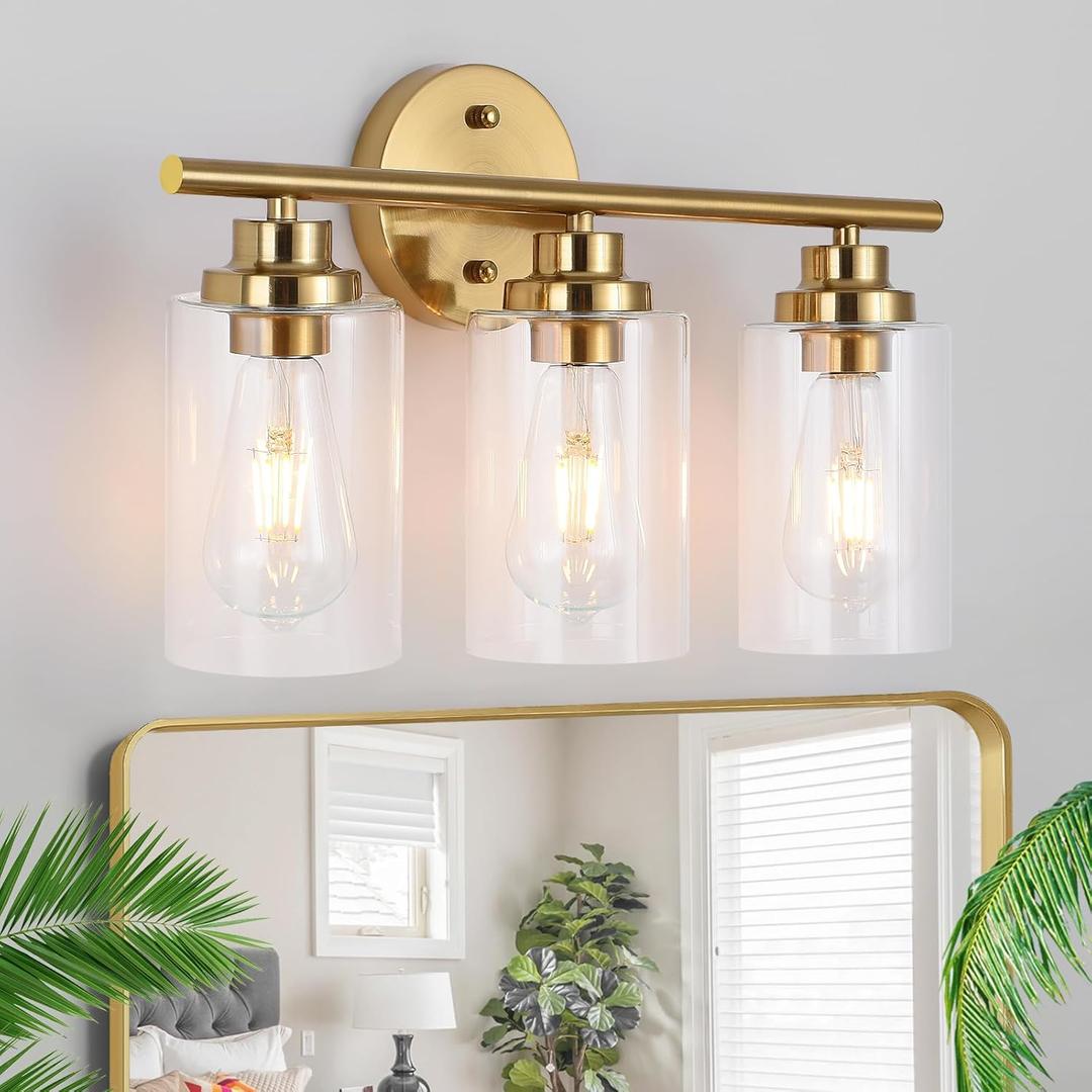 3-Light Bathroom Light Fixtures, Gold Modern Vanity Light with Clear Glass Shade, Bathroom Lighting Fixtures Over Mirror, Bathroom Wall Lamp for Mirror Living Room Bedroom Kitchen Hallway