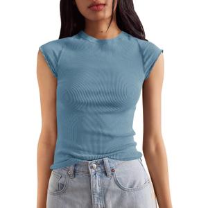 Tankaneo Womens Cap Sleeve Tops Crew Neck Ribbed Knit T Shirt Summer Casual Slim Fit Basic Tees Tshirt (Blue, L)