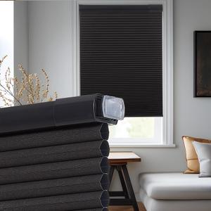 Upgrade No Drill No Tools Custom Size Cellular Shades for Indoor Windows 38mm Honeycomb Blinds Cordless Free Stop Blinds for Windows Black Blackout,34.5" WX72 H