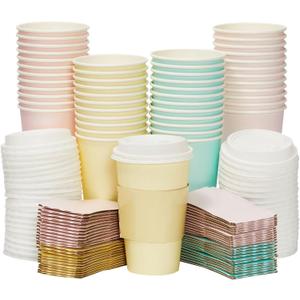 48 Pack 16 oz To Go Coffee Cups with Lids and Sleeves for Baby Shower and Birthday Party Supplies, Home, Restaurant, Cafe, or Store Use (Insulated, Disposable, 4 Pastel Colors)