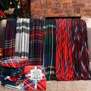 6 Pack Christmas Throw Blankets Gift with Card 50 x 60 Inch Plush Fleece Holiday Warm Soft Blankets Flannel Buffalo Plaid Bedding for Couch Bed Winter Decoration