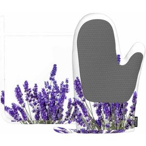 Lavender Flowers Oven Mitts and Pot Holders Sets Purple Blooming Flower Silicone Heat Resistant Kitchen Oven Gloves Pot Holder for Cooking