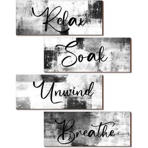 Maitys 4 Pcs Bathroom Wall Decor 10 x 4 Inch Bathroom Wall Art Contemporary Wood Restroom Pictures for Soak Unwind Relax Hanging Sign Spa Rustic Vintage Farmhouse Pediments(Black and White)