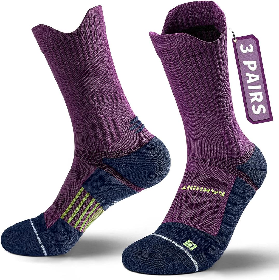 Compression Running Socks 3 Pairs, Cushion Crew Socks, Anti-Blister Moisture Wicking Athletic Hiking Basketball Socks (6-9, Purple)