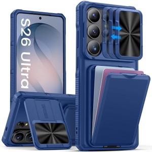 SSLOTSCASE for Samsung Galaxy S26 Ultra Case with Stand & Credit Card Holder & Sliding Camera Cover & Wallet, Heavy-Duty Rugged Silicone Edge Protective Case Cover for S26 Ultra 5G 6.9" 2026, Blue