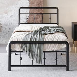Lutown-Teen 12 Inch Twin Bed Frames with Victorian Vintage Headboard and Footboard, No Box Spring Needed, Heavy Duty Metal Mattress Foundation, Noise Free, Easy Assembly, Black