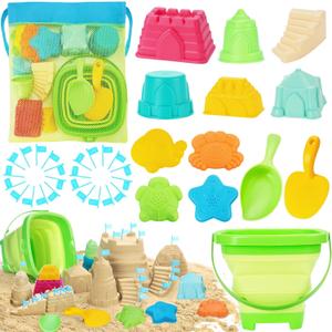 Collapsible Beach Toys for Kids, Foldable Sand Bucket and Shovels Set with Mesh Bag, Sand Castle Building Kit, Sandbox Toys, Travel Sand Toys Beach Essentials for Toddlers Age 3-10