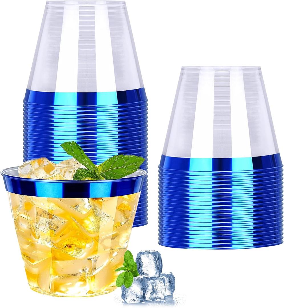 QPEY 50 Pack Blue Rimmed Plastic Cups - 9 Ounce Premium Clear Disposable Party Cups for Holiday Gathering or Wedding - Elegant (Blue)
