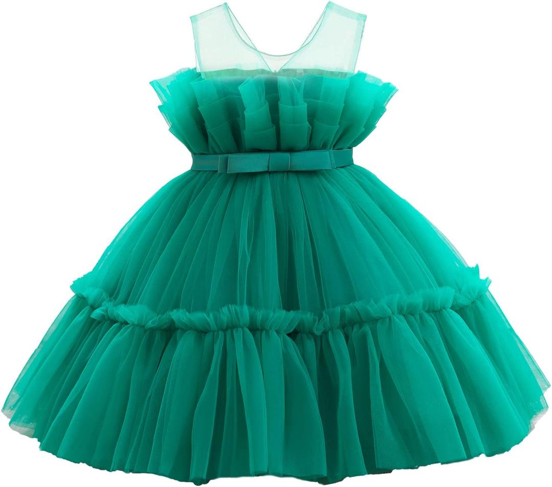 Flower Baby Girl Lace Dress Toddler Tulle Sleeveless Bow Princess Party Wedding Pageant Bridesmaid (Green042.6-7T) 140