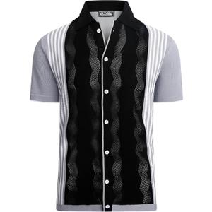 Mens Knit Striped Button Down Shirt Vintage Casual Short Sleeve Old Money Fashion Breathable Top (XL)