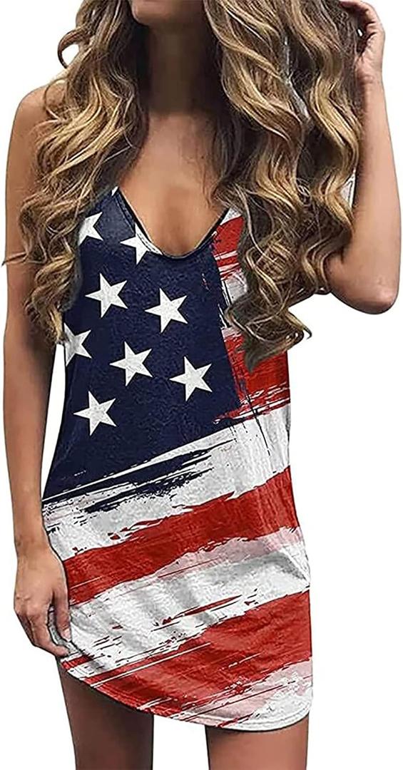 Live Simple Coconut Tree Sleeveless Dress Sunshine Sand Beach Women's Summer Casual V Neck Mini Dress (Flag)