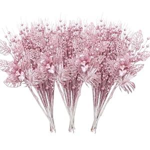 ROSELEAF 28 Pack Christmas Tree Picks and Sprays, Pink Christmas Ornaments Artificial Glitter Berry Flowers Stem Branches Ornaments for Christmas Tree Gift Small Vase Home Holiday Wedding Party