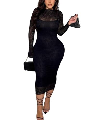 CALEBGAR Women's Elegant Bodycon Midi Dress Lace Sheer Mesh Long Sleeve Slim Fit Long Dress Party Cocktail Wedding Guest Dress Black L
