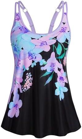 HUSKARY Tankini Tops for Women Flowy Swim Top Removable Padded Loose Fit Modest Bathing Suits No Bottom, XL