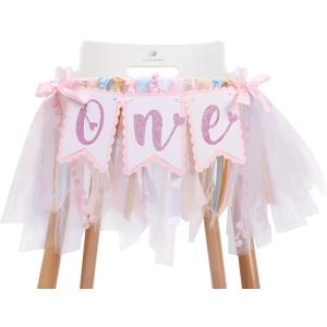 Pink Sweetheart One Birthday Banner - Pink Tutu Skirt High Chair Banner, First Party Gifts for Girls, Winter Onederland 1st Birthday Girl Decorations, Pastel Tassel Ribbons