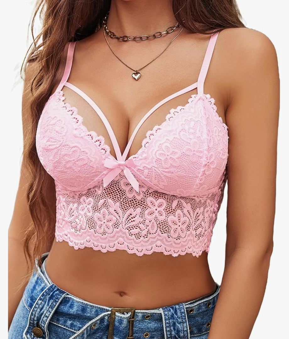 Avidlove Lace Bralette for Women Lingerie Spaghetti Adjustable Strap Tank Camisole Crop Top, Pink, L