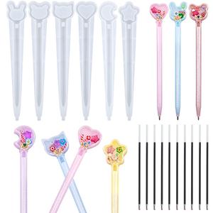 6 Pcs Silicone Resin Cute Pen Molds Star Bear Cat Bunny Moon Heart Shaped, UV Epoxy Resin Pen Casting Molds with 10 Black Refills for Kawaii Craft Making
