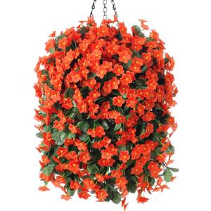 Artificial Fake Fall Hanging Flowers Plants Baskets for Outdoor Outside, Faux Silk Autumn Orange Daisy Mums Trailing Vines in Planter Realistic UV Resistant for Balcony Porch Decor