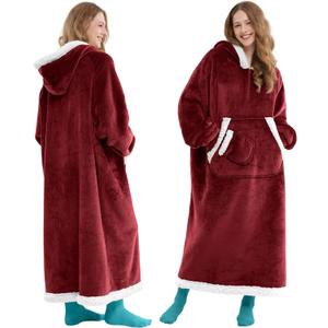 Giggling Getup Wearable Blanket Hoodie for Women Men Gifts for Women Mom Wife Sherpa Fleece Long Hooded Blanket Sweatshirt Cozy Sherpa Wearable Throw with Pocket & Sleeves for Adult Standard Burgundy