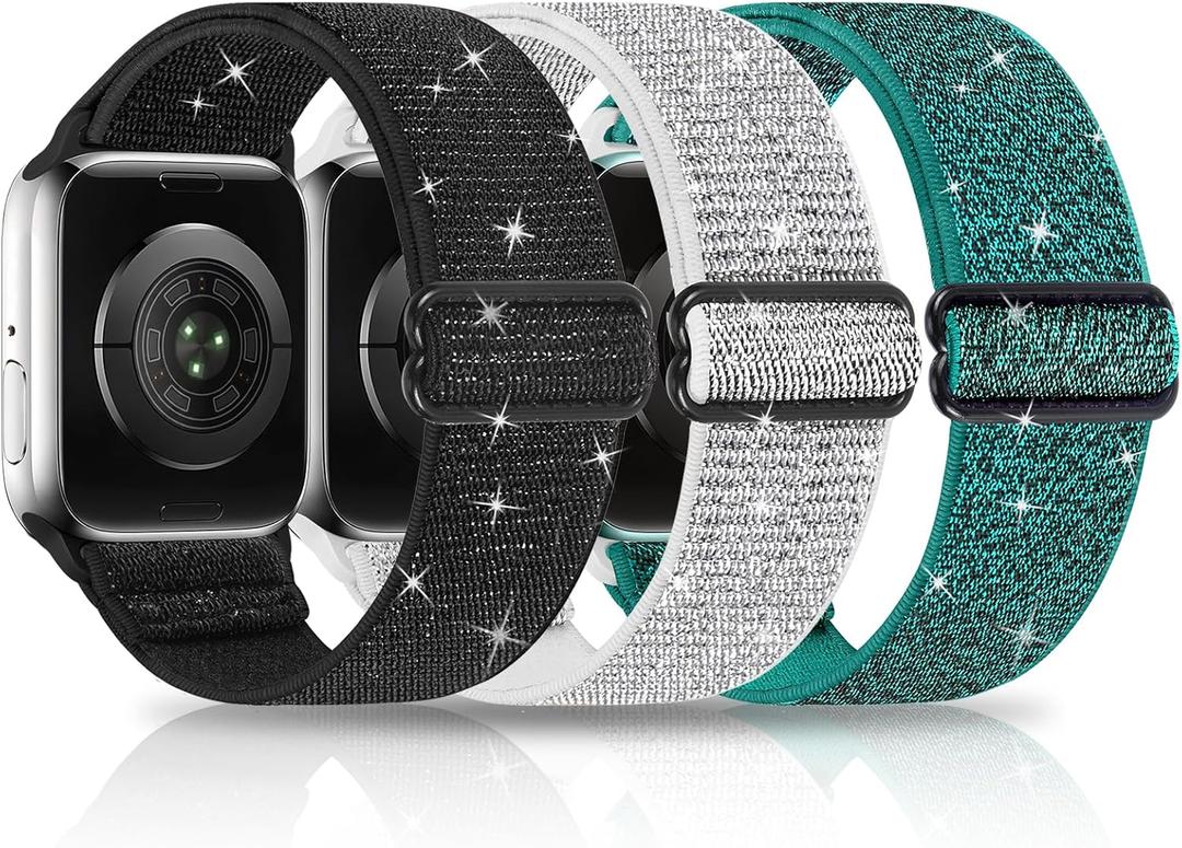 3 Packs Shiny Stretchy Bands Compatible with Apple Watch Band 49mm 38mm 40mm 41mm 42mm 44mm 45mm, Nylon Adjustable Sport Solo Loop Women Replacement Straps for iWatch Series Ultra 8 7 6 5 4 3 2 1 SE