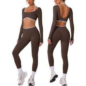 Workout sets for women Long Sleeve Adjustable halter strap Crop Top and Anti-squat Pants for gym,Yoga,Pilates (Small, Brown)