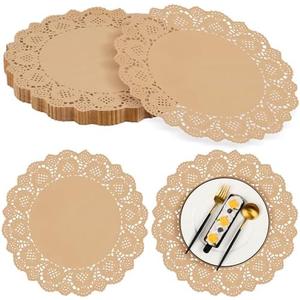 MCEAST 100 Pack Round Brown Kraft Paper Doilies 13.5 Inches Lace Paper Place Mats Rustic Scallop Doily Disposable Table Pads for Food Cakes Crafts Party Weddings Tableware Decor, Large, Bro