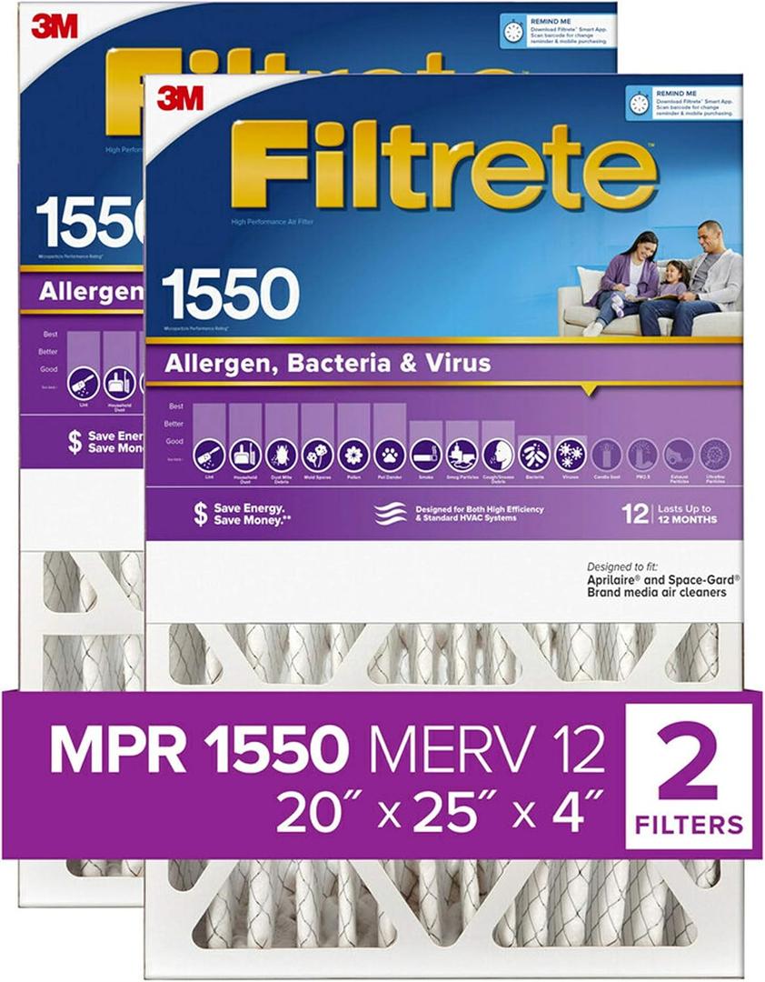 Filtrete 20x25x4, AC Furnace Air Filter, MPR 1550 DP, Healthy Living Ultra Allergen Deep Pleat, 2-Pack (Actual 19.88 x 24.63 x 4.31)
