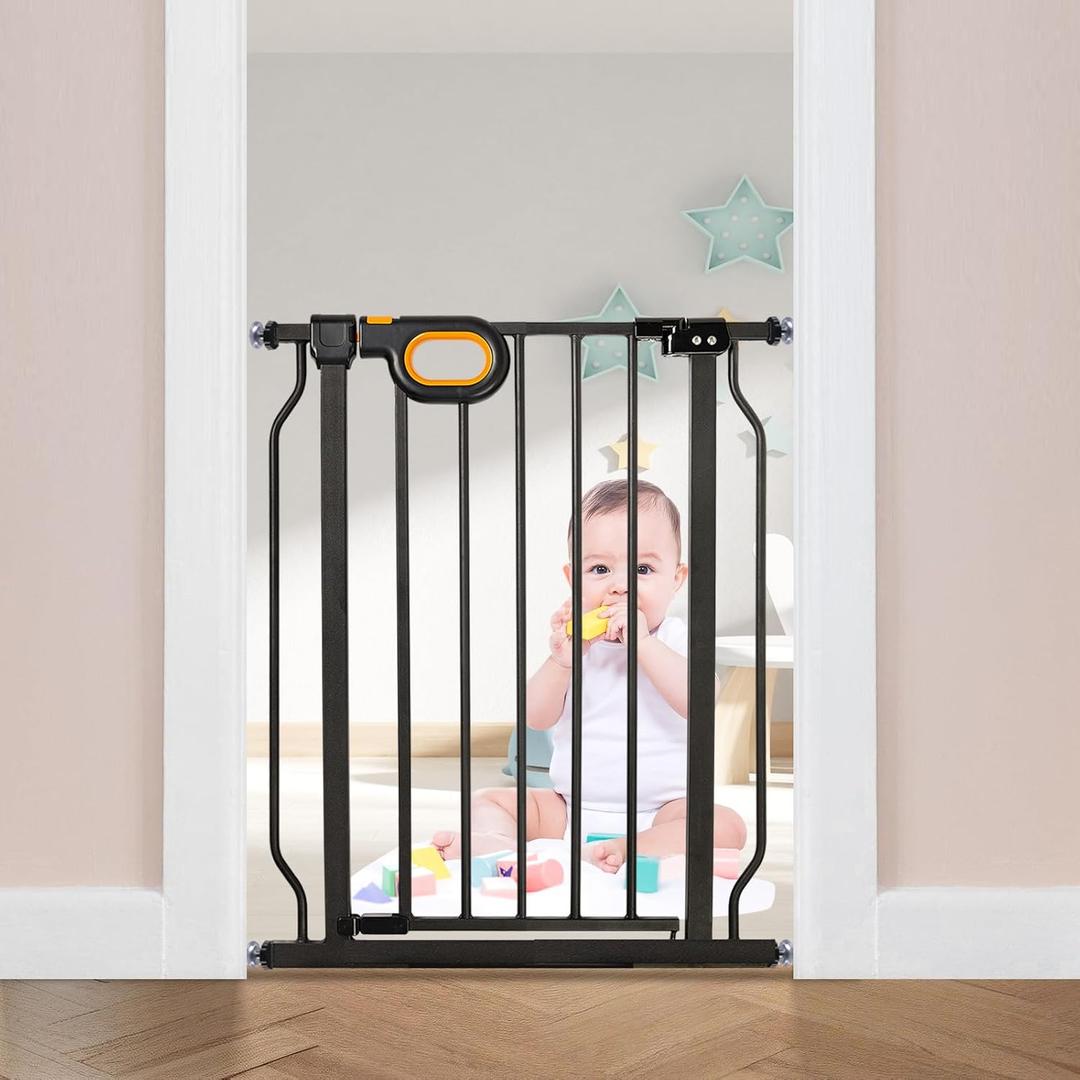 owlie Small Narrow Baby Gate for Stairs Doorways Hallways 23.6-27.6 Inch Wide Pressure Mounted Baby Gate Walk Through Child Gates Toddler Dogs Pet Indoor Stairway Doorway (30.5'' Tall, Black) 