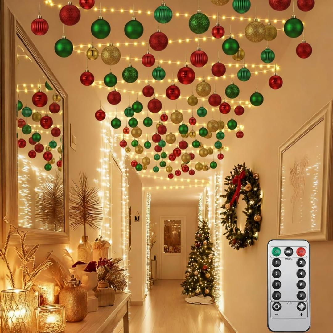 Christmas Hallways Ceiling Lights Decorations Kit Includes 41 Pcs Balls Ornaments 65ft LED String Lights with 200 LEDs and Hooks Christmas Decor for Holiday Party(Colorful)