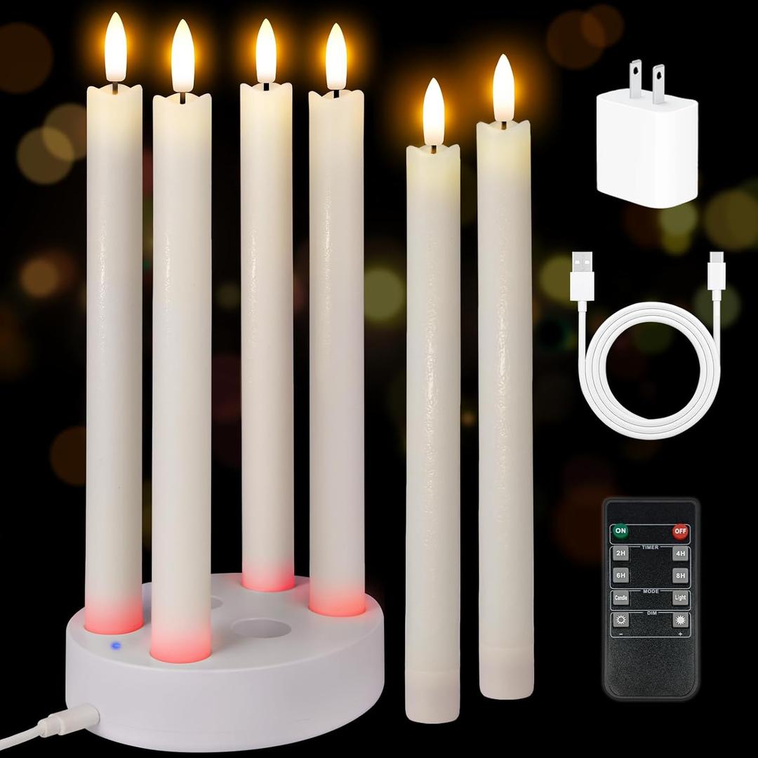 Rechargeable Flameless Taper Candles, 6 Pcs Real Wax Rechargeable LED Candles Flickering with Remote Timer and Charging Base, Battery Operated Candlesticks for Christmas Wedding Party Home Decor