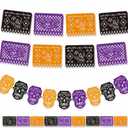 YVAINE 2 Pack Plastic Papel Picado Day of The Dead Sugar Skull Bunting Banner Altar Decoration- 18 pcs Fiesta Dia De Los Muertos Black Purple Orange Flag Banner for Mexican Cinco De Mayo Decorations