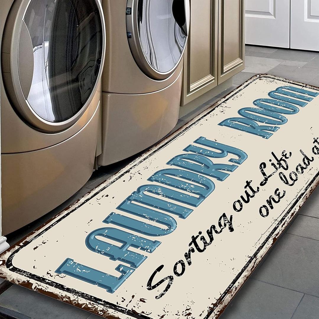 Farmhouse Laundry Room Rug Runner Non Skid Machine Washable Area Rugs Laundry Decor for Kitchen, Bath, Washroom Letter Light Blue40x20in