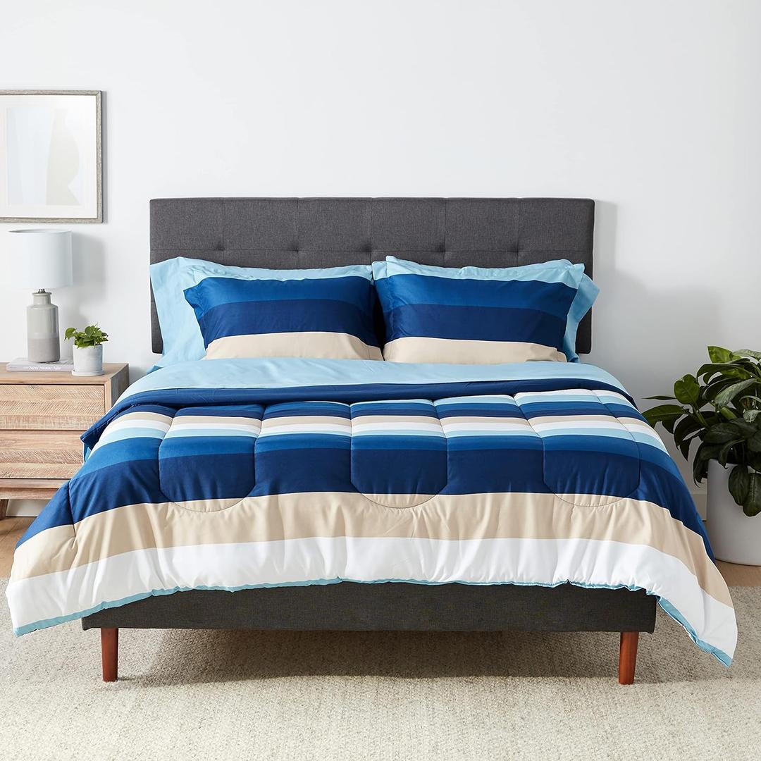 Amazon Basics Full/Queen Comforter Set with Sheets, 7-Piece Blue Stripe Bedding, Lightweight Microfiber Bed-in-a-Bag, Striped
