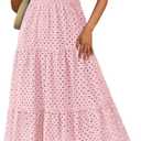PRETTYGARDEN Womens 2025 Summer Maxi Dress Short Sleeve V Neck Hollow Out Eyelet A Line Long Flowy Beach Vacation Dresses (Pink, Small)
