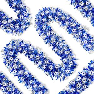 Palonu 50 Feet Hanukkah Decorations Tinsel Garland Glitter Twist Garland Metallic Menorah Ornaments Blue Metallic Streamers with Silver Star, Indoor Outdoor Chanukah Decorations Home Party Supplie