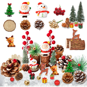 48PCS Christmas Miniature Figurines Mini Resin Christmas Ornaments Kit with Snowman Santa Claus Trees Wooden Display Stand Pine Needles Trees Cones Theme for DIY Xmas Decor Fairy Garden