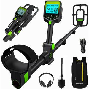 Rechargeable Metal Detector Kit for Adults - Foldable, Waterproof Search Coil, Adjustable Height, Includes Shovel, Backpack, Headphones, Pinpointer, Ideal for Gold & Silver Detection, Green