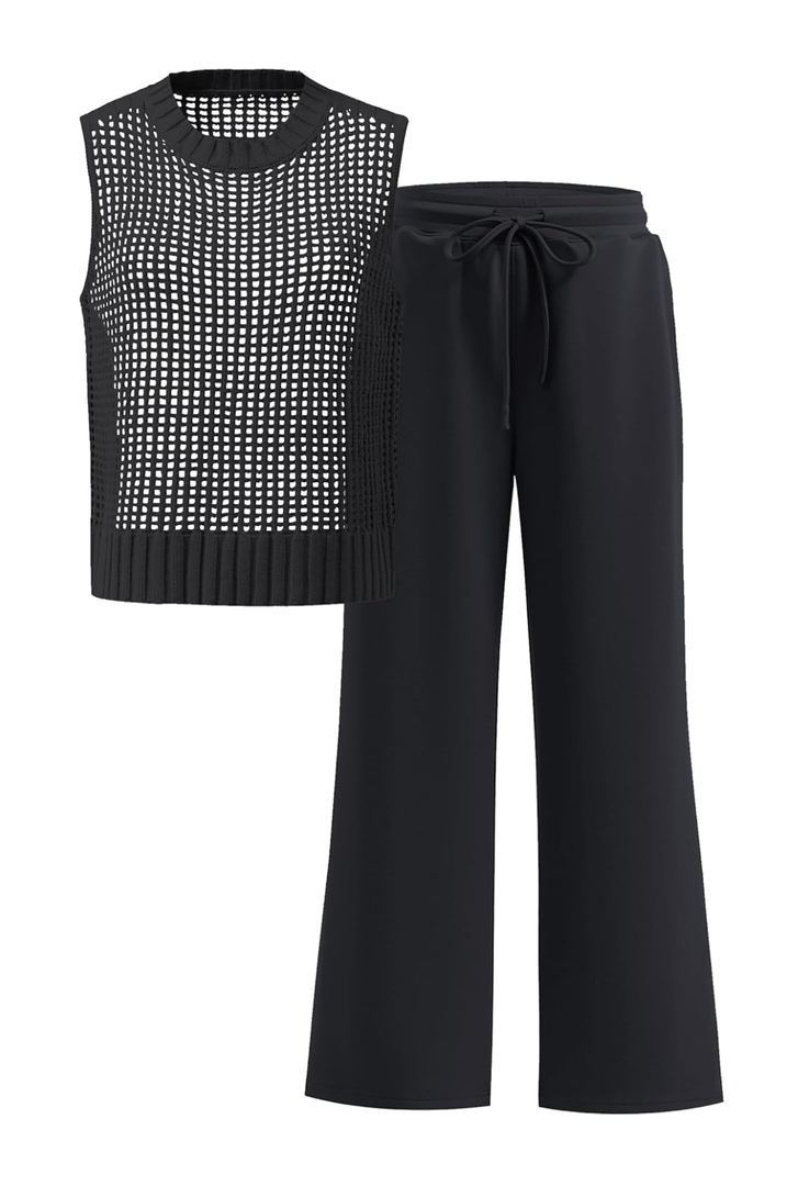 Women Two Piece Outfits Crochet Sheer Knit Sweater Sleeveless Top Wide Leg Pants Lounge Matching Sets Travel Sweatsuit, S