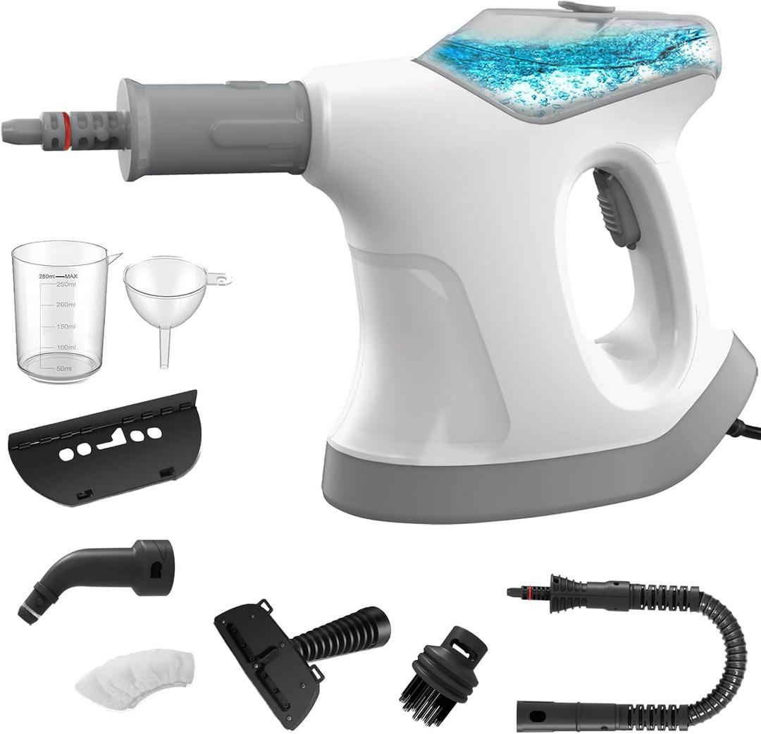 Handheld Steam Cleaner for Home, 10S Immediate Heat Hand Held Steam Cleaner, with Visualized Large Water Tank & 9 PCS Accessories & Safety Lock, for Kitchen,Couch,Floor,Window,Car (WHITE+GREY)