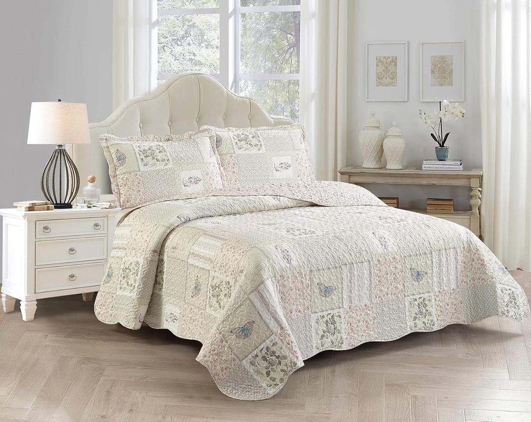 Brilliant Sunshine Grey Angel and Pink Floral Patchwork, 3-Piece Quilt Set with 2 Shams, Reversible Bedspread, Soft Lightweight Coverlet, All-Season, Full/Queen, Pink Grey
