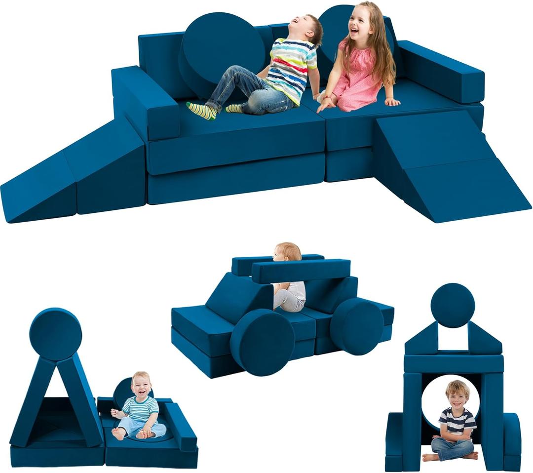 Toddler Couch Kids Sofa Modular - 18pcs Children Couches Building Fort, Convertible Foam Playing Cushion Creative Playroom Floor Furniture for Baby 1-3 to Teen Sofa and Play Set (Dark Blue)
