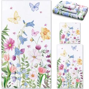 Preboun 3 Pack Floral Hand Towels Spring Bathroom Towels Set Watercolor Wildflower Hand Towels Butterfly Bath Towels Plant Leaves Dish Towels for Bathroom Kitchen Hotel Gym Spa (Pink, Blue, Yellow)