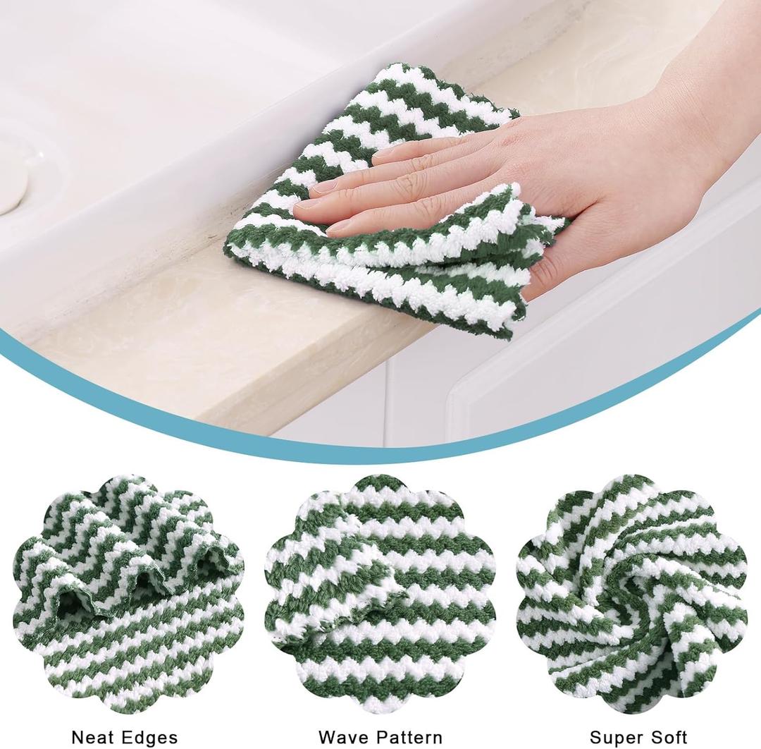 Homaxy Kitchen Towels(10 x 20 inches), Ultra Soft and Absorbent Dish Towels, Reusable Fast Drying Microfiber Cleaning Cloth, Coral Velvet Wave Design No-lint, Grass Green