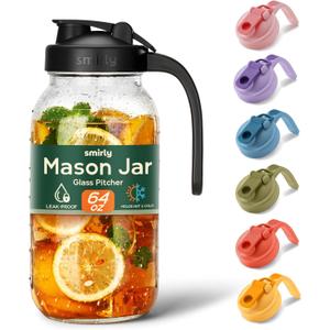 SMIRLY 64 oz Mason Jar Pitcher, Glass Pitcher with Wide Mouth, Water Jug with Double Leak Proof Lid for Iced Coffee, Hot Water, Breast Milk
(Black)