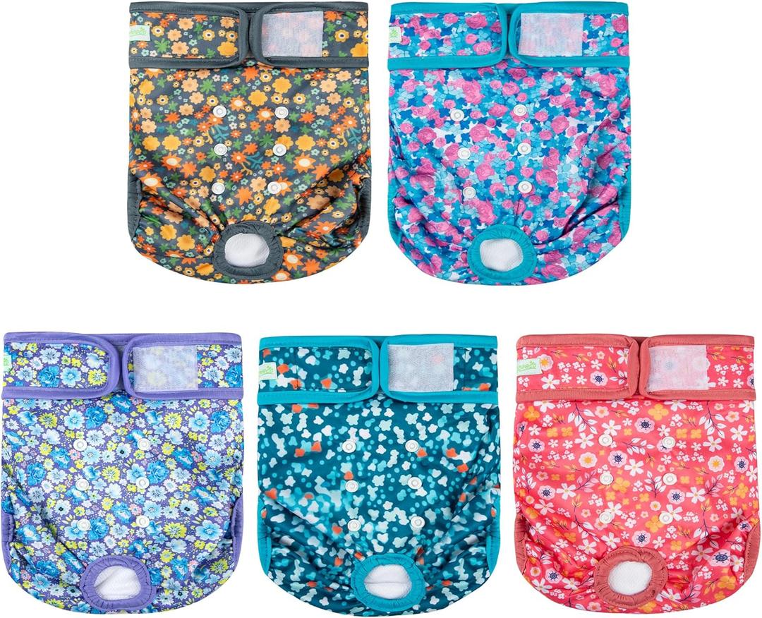 wegreeco Female Dog Diapers, Washable Reusable Pet Puppy Doggie Diapers for Small Medium Large Female Dogs in Heat Period, Doggy Period Panties Medium, Small Floral Pattern (Medium (Pack of 5))