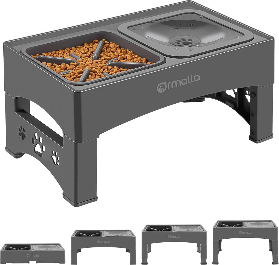 Elevated Slow Feeder Dog Bowls with No Spill Water Bowl, Raised Bowl for Large Medium Small Dogs, Food Stand Splash Guard, 4 Heights 3.7'', 8.5'', 10.1'', 11.7'', Grey (GW03)